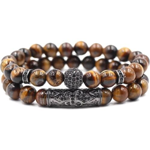 2 Pcs/set Men Bracelet Sets Natural Blue Tiger Eye Stone Bead Bracelet For Men Jewelry Gift