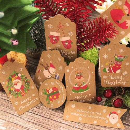 New! 50PCS Cute Christmas Series Kraft Paper Tags With Rope Colorful Vintage Deer/Tree/Santa Claus Xmas Crafts Hanging Labels