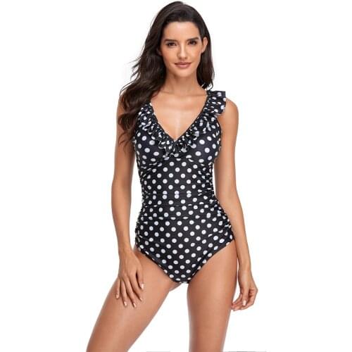 2021 Sexy Womens Swimming Suit Polka Dot Print Ruffle Bodysuit Swimsuit Push Up Summer Beach Female Pink Bathing Suit