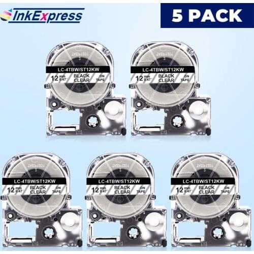 5PK 12mm ST12KW Tape For Epson ST12KW Label Tape Black on Clear Tape For Epson LW-300 C410 LW-400 Label Maker King Jim LC-4TBN
