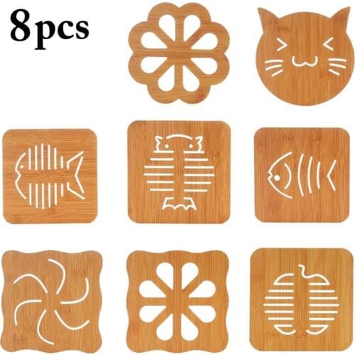 8PCS Cute Cartoon Cup Mat Vintage Cat Fish Cup Pad Hollow Out Wooden Carved Coasters Bowl Pad Tea Coffee Cups Mat