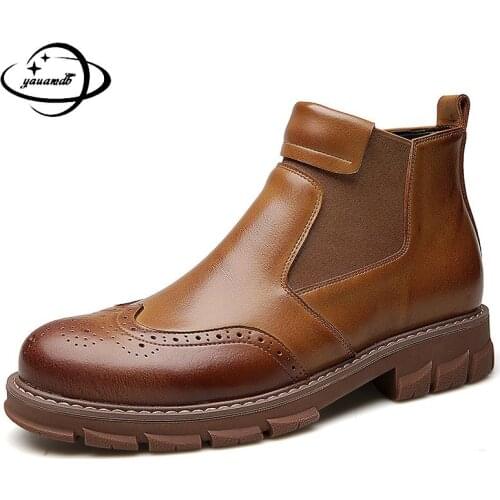 38-44 Mens Boots Autumn Winter Male Chelsea Boots Ankle Round Toe Short Plush Split Leather Slip-on Comfortable Man Shoes H92