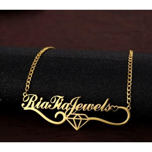 Personalized Customization Necklaces Diamond Pattern Jewelry Name 3mm Cuban Chain Gold Plated Stainless Steel Nameplate Pendant