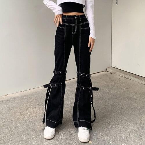 SEASONS White Thread Casual Black Denim Pants Hip Hop High Waist Jeans Woman With Strips Harajuku Fashion Trousers ASPA82571