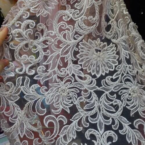 Ht001 offwhite beads flower luxury floral embroidery tulle mesh lace for evening dress/sawing/wedding