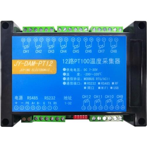 Isolated 12 Channels PT100 24-bit Analog Thermocouple Temperature Acquisition Module Modbus, RS232 RS485 USB Ethernet Wifi GPRS