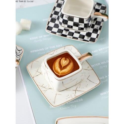 European-style Ceramic Marbled Coffee Cup Mini Turkish Espresso Cup Saucer with Spoon Black and White Lattice Afternoon Tea Cup