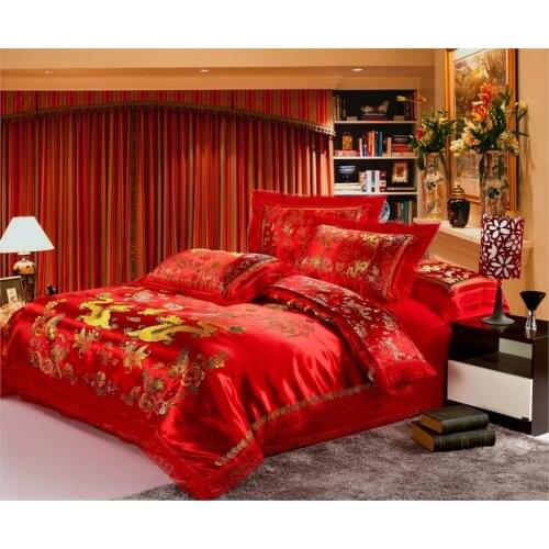 Red satin Duvet Cover set Dragon and phoenix chinese Wedding Bedding set print Modern suits Jacquard Bedclothes queen/king size