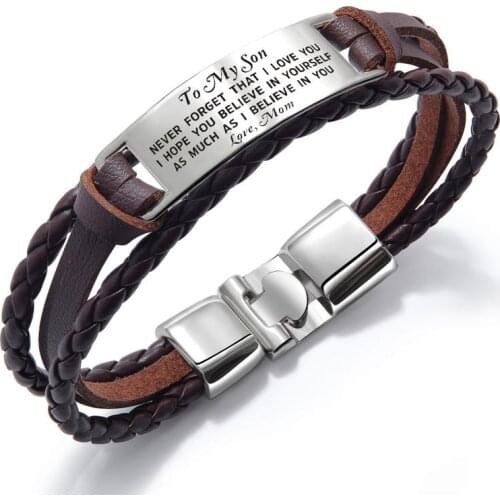 To My SON Leather Bracelet Wristband Gift From Mom Father Men Birthday Christmas College Graduation Personalized DIY Jewelry