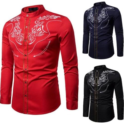 Red African Dashiki Print Dress Shirt Men Fashion Long Sleeve African Shirt Men African Clothes Streetwear Casual Chemise DT1792