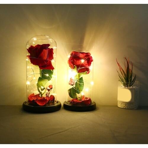 Beauty And The Beast, Eternal Rose Flower In Glass Dome Gold Leaf Rose Valentines Day Gift Led Rose Lamps Simulation Rose Decor