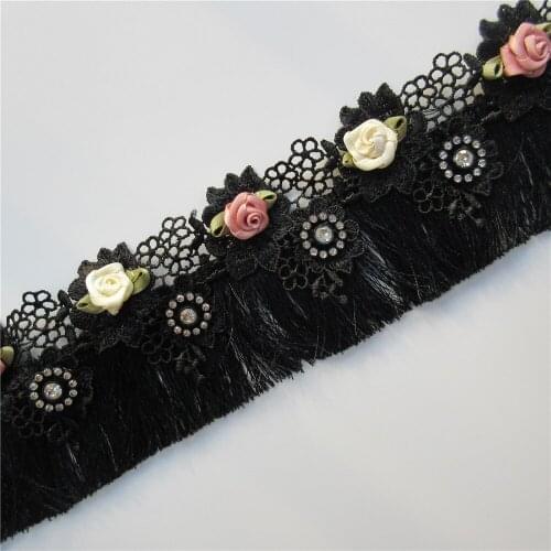 1yard 68mm Wide Black Fringe Tassel Lace Trim Diamond Rose Flower Embroidered Ribbon Fabric Sewing Craft Dress DIY Accessories