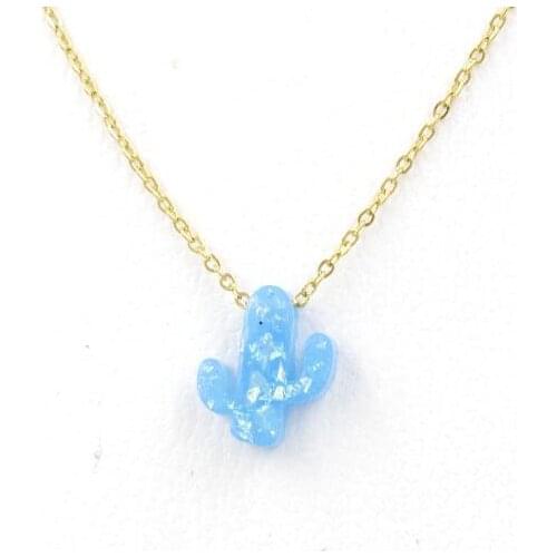 Handmade Opal Crystal Blue Cactus Pendant Necklace Resin Plant Jewelry for women girlfriend Lovely Cactus Minimalism Necklace