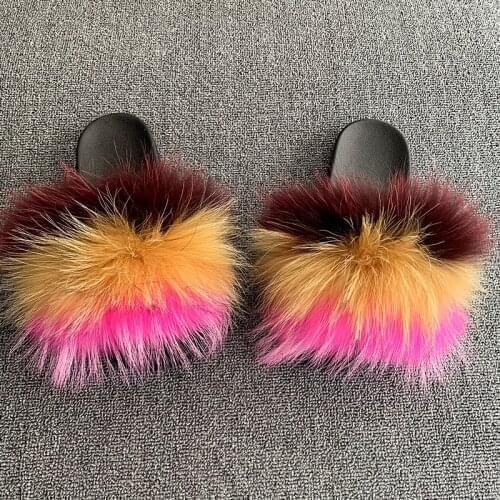 Summer Ladies Rainbow Fox Fur Fluffy Slippers Women Lovely Plush Real Fox Hair Slides Party Furry Beach Flip Flops Women Sandals