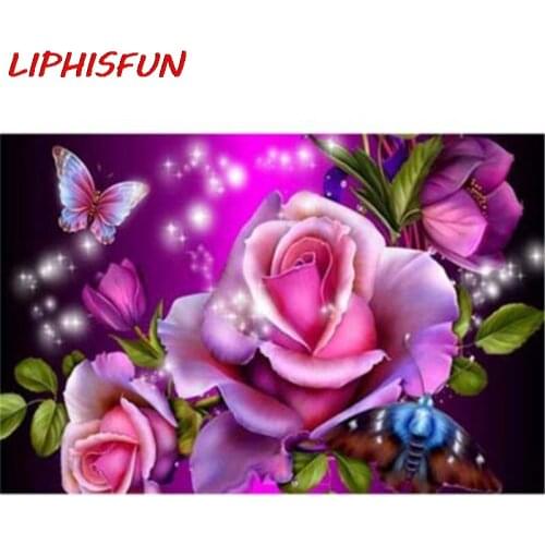 LIPHISFUN Full Drill Diamond Painting Handmade Embroidery Cross Stitch Rhinestone Square/round Home Decor purple pink flower