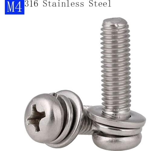 M4 - 0.7 316 Stainless Steel Round Head Phillips Screws + Flat Spring Washer SEM A4 - 70 bolts
