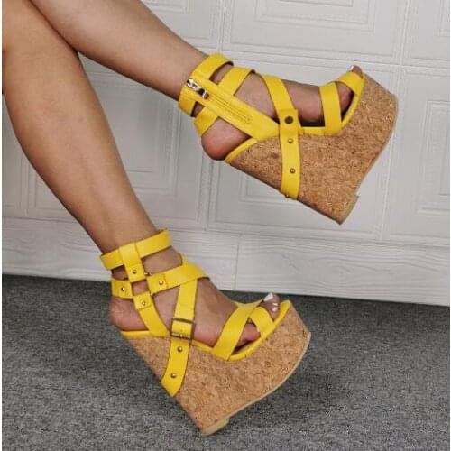 Dipsloot Fashion Woman Yellow Rivets Platform Wedge Sandals Woman Zipper Cross Bands Open Toe Sexy Club Sandals Shoes Lady