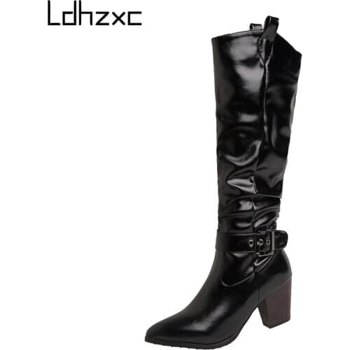 LDHZXC 2020 Autumn Winter high knee Boots Women heel Boots Fashion Pointed Toe Female Casual Loose Patent Leather Women Shoes