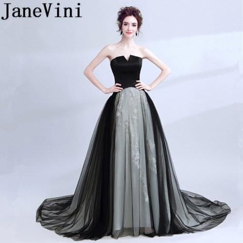 JaneVini 2018 Sexy Black Long Bridesmaid Dresses A Line Strapless Lace Appliques Backless Tulle Sweep Train Formal Prom Gowns