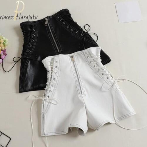New Autumn Women Pu Shorts Tie High Waist Shorts Female Casual Black Shorts Ladies All Match Wide Leg Short Pants Fashion 2021