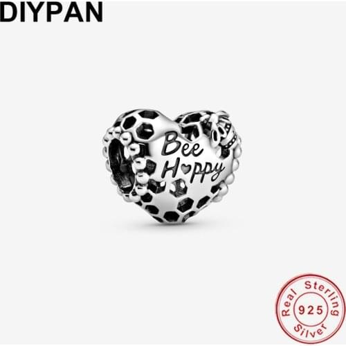 Fit Pandora Original Bracelet Charm Bee Happy Honeycomb Heart Charm Beads Pendant Bangle Women DIY Jewelry Berloque