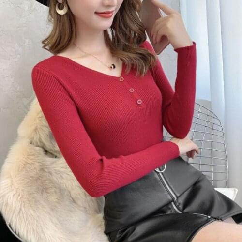 Women Sweater Autumn Winter V-Neck Slim Elasticity Long-Sleeved Pullover Button Solid Simple Pull Femme Thin Wild Knitwear Top