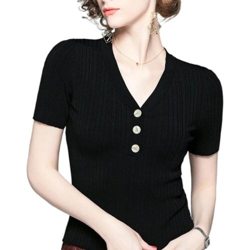 Pink Black White 2021 New Style Fashion Summer Women Female Casual Sexy V-Neck Short Sleeve Knitted Sweater Pullover Buttons