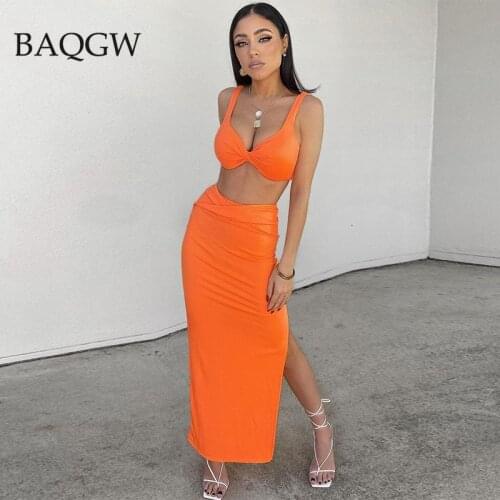 Sleeveless Crop Top and Skirts 2 Pieces Set Women Deep V Neck Two Piece Sets Sexy Off Shoulder High Split Bodycon Party Outfits