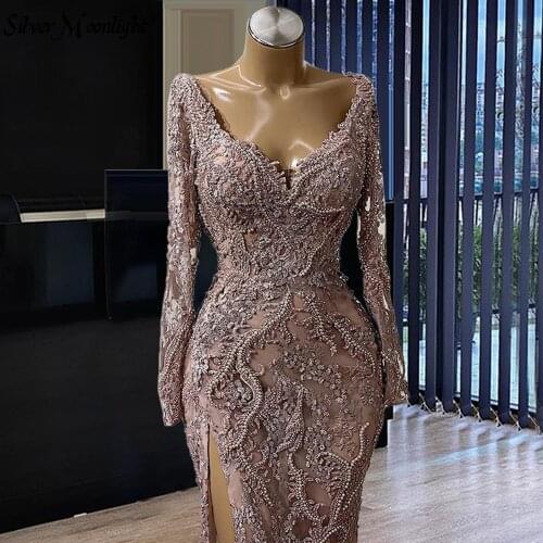 V Neck Lace Appliqued Sexy Evening Dress for High Split Side Handmade Beads Mermaid Celebrity Dresses Vestido De Novia