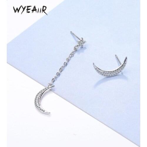 WYEAIIR Asymmetry Star Moon Sweet Creative Literary Personality Versatile Temperament 925 Sterling Silver Female Dangle Earrings