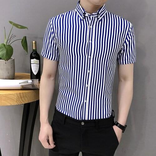 YASUGUOJI New Men Formal Shirts Short Sleeve Mens Dress Shirts Men Slim Fit Work Shirts Men Vertical Striped Shirts for Men