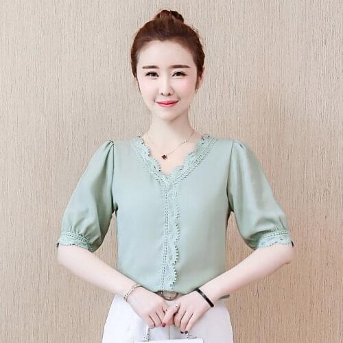 Womens Spring Summer Style Chiffon Shirt Womens Elegant Half Sleeve V-neck Solid Color Korean Lace Casual Tops SP8708