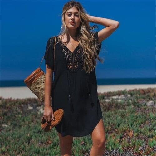 Coverup Ladies Swimwear Woman Beach Dress Clothes Cover Up The Swimsuit Wear 2019 New Cotton Lace Black Skirt Acetate Solid