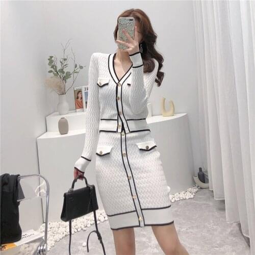 Small fragrant Knitted Suit Women Patchwork V-neck Single Breasted Cardigan Crop Top + Mini Bodycon Skirts Two Piece Set French