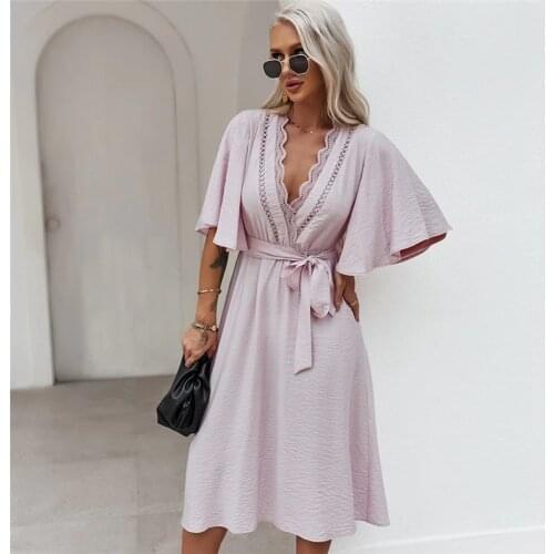 Sexy Lace Bandage Dress Women Spring Summer Fashion Flare Sleeve Slim Solid V Neck Color High Waist Dress for Women 2021 New