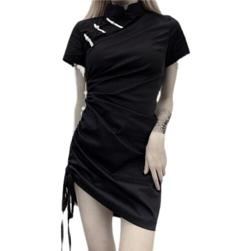 Summer new style Korean Harajuku style drawstring cheongsam black dress women