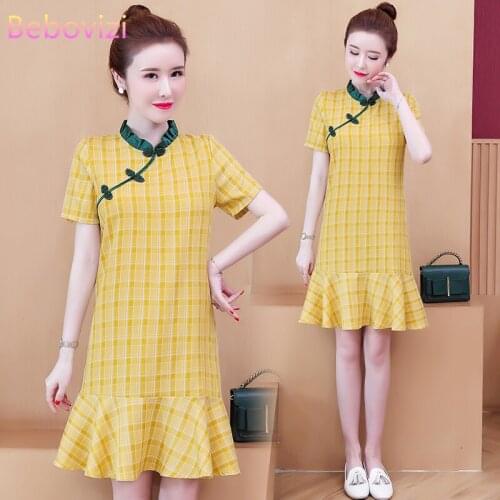 Plus Size M-4XL 2021 Summer Yellow Check Short Sleeve Qipao for Women Chinese Modern Cheongsam Dress Party Traditional Clothes