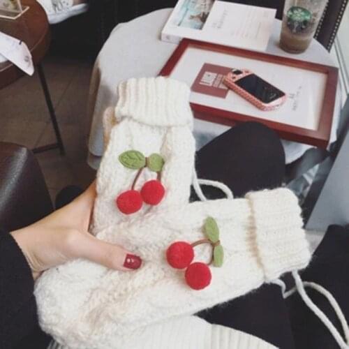 Winter Warm Cherry Wool Knitted Gloves Ladies Autumn Korean Version Thickened Plus Velvet Gloves Mittens Fashion