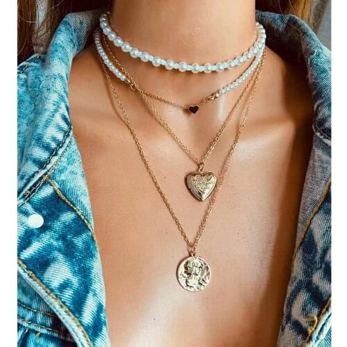 Gold Heart Pendant Vintage Necklace & Pendant Double Layer Chain Pearl Jewelry Handmade Multi Punk Chokers For Women Party Gifts