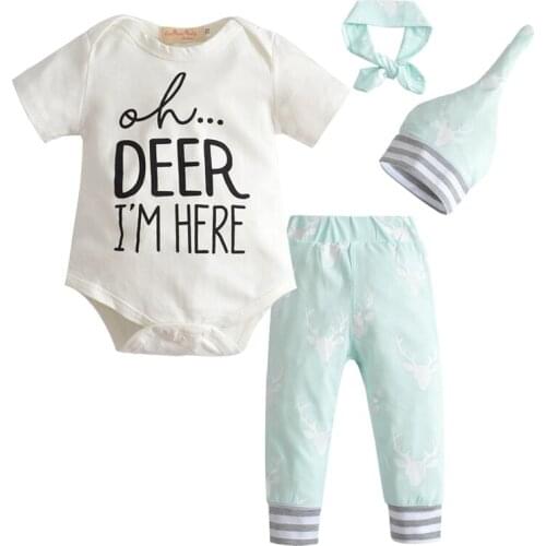 Newborn Infant Baby Girl child Clothes Suit Short sleeve T-shirt+Pants+Headband+Hat 4Pcs Toddler Clothing Boy Kids Outfits Set