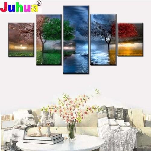 5 Panel Abstract landscape Painting 5d Diamond Painting 4 Season Tree Full Square/Round Mosaic Embroidery Home Decor Diamond Art