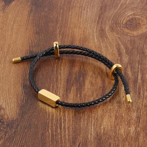 Black Genuine Leather Bracelet on Hand Lucky Bracelets Stainless Steel Adjustable Clasp Jewelry Laser Printig Logo Name