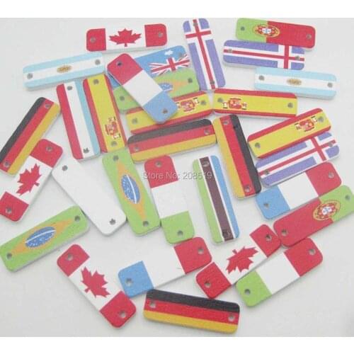 WBNLSO Printed Nation Flag wood buttons for scrapbook arts decoration mixed 120pcs 3cm long wooden label button