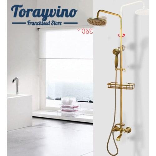 Bathroom 8'' Rainfall Shower Faucet douche Set Antique Brass Shower Head Swivel Spout with Shelf 3 water way Shower Mixer Tap