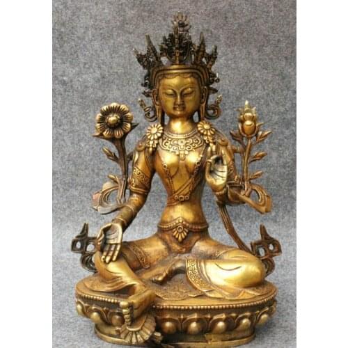 Fast shipping USPS to USA S1243 11" Tibet Bronze Gilt Buddhism Joss Green Tara Buddha Kwan-yin Goddess Statue