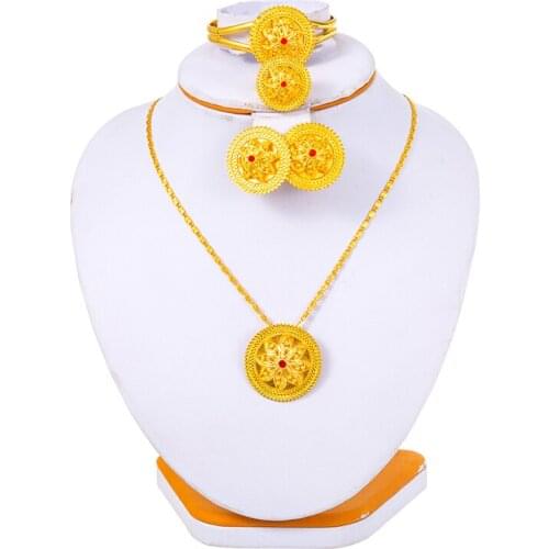 Habasha Bridal Jewelry Ethiopian Jewelry sets for Women Dubai Bangles African Chain Necklace Ring Sets