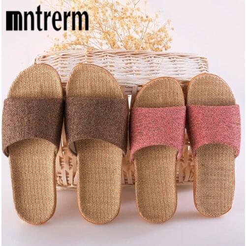 Mn Womens Flax Slippers Beach Flip Flops Indoor Non-slip EVA Mute Hotel Linen Slippers Women Slides Home Shoes Flat Sandals