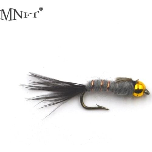 MNFT 10PCS Golden Bead head Grey Hares Ear Black Tail Nymph Fly Trout Fly Fishing Baits Crank Fish Hooks 12