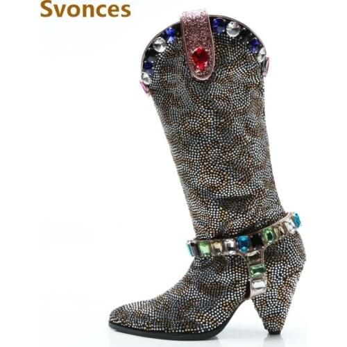 Fashion Rhinestone Winter Boots Women Crystal Spike Heels Slip-on Walking Botas Shoes Platform Mid-Calf Brand Ladies Thigh Boots