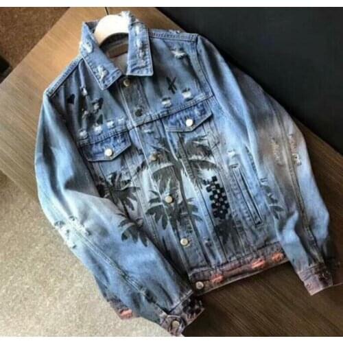 Mens Summer Denim Jacket Printed Ripped Frayed Hip Hop Jean Coat Hip Hop Jackets Slim Fit New 2021